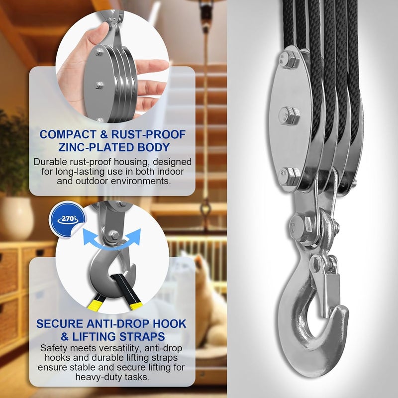 SALIFTFE Block and Tackle Pulley System, Upgraded 4-Wheel Rope Pulley Hoist with 2 Lift Sling Straps, 8:1 Lifting Power, 2200 lbs. WLL with 65Ft of 1/4” Rope, Compact Rope Hoist for Garage and Hunting - Image 4
